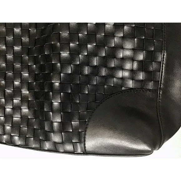 Joan Rivers Slouchy Black Faux Leather Woven Tote Shoulder Bag Gold Chain Strap - Picture 4 of 9